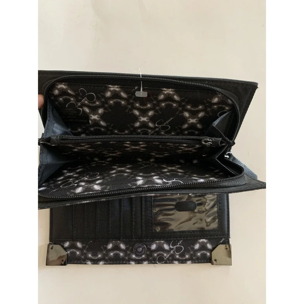 Jessica Simpson Women's Black Continental Wallet Clutch Gunmetal Logo Card Slots